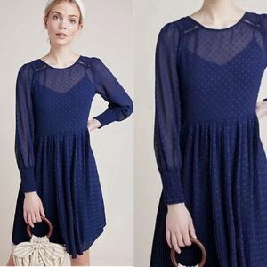 Anthropologie Maeve Navy Swiss Dot Dress size 2P